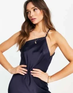 ASOS DESIGN - Vestito Monospalla In Raso Con Gonna Al Polpaccio E Retro Drappeggiato Blu Navy -Vendite ASOS Maternity || RIVER ISLAND || Monki 14943915 3