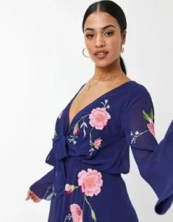 ASOS DESIGN Tall - Vestito Midi Blu Navy Con Ricamo A Fiori E Bottoni Allacciato Sul Davanti -Vendite ASOS Maternity || RIVER ISLAND || Monki 200932036 3