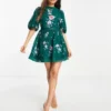 ASOS DESIGN Petite - Vestito Corto Accollato Verde Bosco In Plumetis Con Finiture In Pizzo E Ricamo