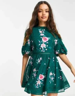 ASOS DESIGN Petite - Vestito Corto Accollato Verde Bosco In Plumetis Con Finiture In Pizzo E Ricamo -Vendite ASOS Maternity || RIVER ISLAND || Monki 200932126 4