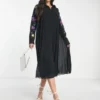 ASOS DESIGN Tall - Vestito Camicia Midi Nero A Pieghe Con Maniche Ricamate