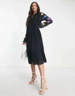 ASOS DESIGN Tall - Vestito Camicia Midi Nero A Pieghe Con Maniche Ricamate -Vendite ASOS Maternity || RIVER ISLAND || Monki 201039096 3