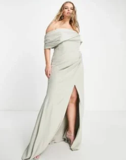 ASOS EDITION Curve - Vestito Lungo In Raso Avvolgente Drappeggiato Con Scollo Alla Bardot Verde Salvia -Vendite ASOS Maternity || RIVER ISLAND || Monki 201260272 3
