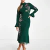 ASOS DESIGN - Vestito Midi Verde Con Polsini Ampi E Decorazione A Fiori