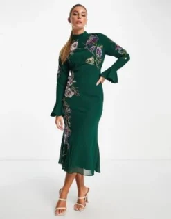 ASOS DESIGN - Vestito Midi Verde Con Polsini Ampi E Decorazione A Fiori