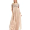 Maya Maternity - Vestito Lungo A Maniche Corte Da Damigella In Tulle Color Cipria Tenue Con Paillettes Delicate Tono Su Tono