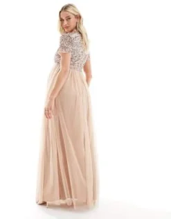 Maya Maternity - Vestito Lungo A Maniche Corte Da Damigella In Tulle Color Cipria Tenue Con Paillettes Delicate Tono Su Tono -Vendite ASOS Maternity || RIVER ISLAND || Monki 201394617 2