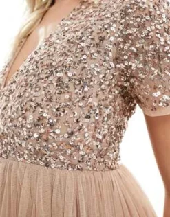 Maya Maternity - Vestito Lungo A Maniche Corte Da Damigella In Tulle Color Cipria Tenue Con Paillettes Delicate Tono Su Tono -Vendite ASOS Maternity || RIVER ISLAND || Monki 201394617 3