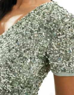 Maya Petite - Vestito Lungo Da Damigella In Tulle A Maniche Corte Verde Salvia Con Delicate Paillettes Tono Su Tono -Vendite ASOS Maternity || RIVER ISLAND || Monki 201395163 3