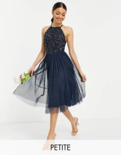 Maya Petite - Vestito Midi Da Damigella In Tulle Allacciato Al Collo Blu Navy Con Delicate Paillettes Tono Su Tono