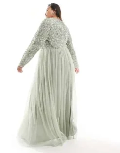 Maya Plus - Vestito Lungo Da Damigella In Tulle A Maniche Lunghe Con Delicate Paillettes Tono Su Tono Verde Salvia -Vendite ASOS Maternity || RIVER ISLAND || Monki 201395523 3