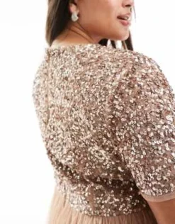 Maya Plus - Vestito Lungo Da Damigella In Tulle Color Cipria A Maniche Corte Con Delicate Paillettes Tono Su Tono -Vendite ASOS Maternity || RIVER ISLAND || Monki 201395547 3