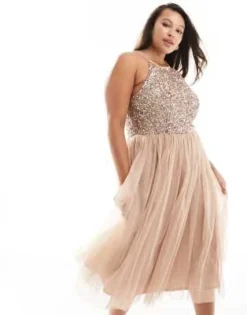 Maya Plus - Vestito Midi Da Damigella Allacciato Al Collo In Tulle Color Cipria Tenue Con Paillettes -Vendite ASOS Maternity || RIVER ISLAND || Monki 201395640 3