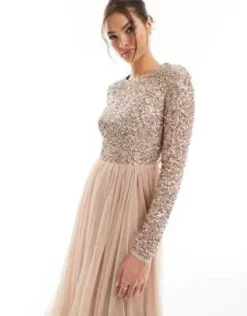Maya Tall - Vestito Da Damigella Lungo A Maniche Lunghe In Tulle Cipria Tenue Con Delicate Paillettes Tono Su Tono -Vendite ASOS Maternity || RIVER ISLAND || Monki 201395726 4