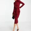 ASOS DESIGN Tall - Vestito Midi A Maniche Lunghe Rosso Con Cintura Obi