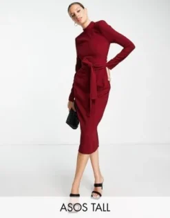 ASOS DESIGN Tall - Vestito Midi A Maniche Lunghe Rosso Con Cintura Obi