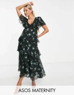 ASOS Maternity ASOS DESIGN Maternity - Vestito Midi A Balze In Plumetis Stampato Con Inserto In Pizzo E Schiena Scoperta