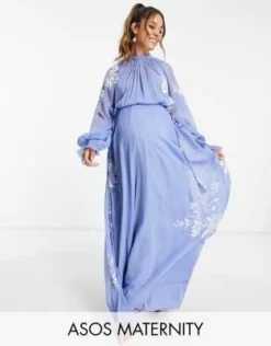 ASOS DESIGN Maternity - Vestito Lungo Accollato Con Allacciatura In Vita E Ricamo Stencil Floreale