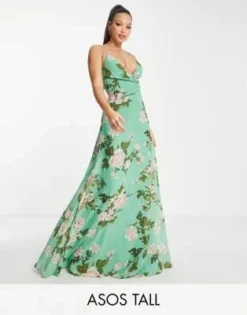 ASOS DESIGN Tall - Vestito Lungo Avvolgente Con Spalline Sottili E Laccetto Sul Retro Verde Salvia A Fiori