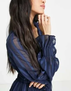 ASOS DESIGN Curve - Vestito Midi In Raso Blu Navy A Righe Con Maniche A Campana E Bottoni -Vendite ASOS Maternity || RIVER ISLAND || Monki 201694407 3