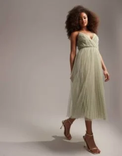 ASOS DESIGN - Vestito Midi Da Damigella In Tulle Color Salvia A Pieghe Con Spalline Sottili -Vendite ASOS Maternity || RIVER ISLAND || Monki 201731559 4