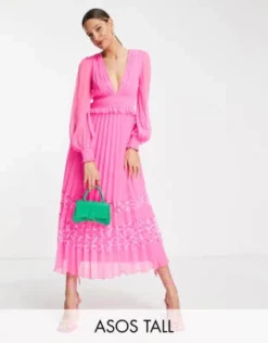 Esclusiva ASOS DESIGN Tall - Vestito Midi A Pieghe Rosa Vivo Con Scollo Profondo E Inserti In Pizzo Sul Fondo