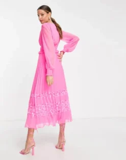 Esclusiva ASOS DESIGN Tall - Vestito Midi A Pieghe Rosa Vivo Con Scollo Profondo E Inserti In Pizzo Sul Fondo -Vendite ASOS Maternity || RIVER ISLAND || Monki 201977045 4