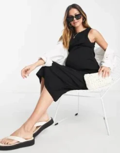 ASOS DESIGN Maternity - Vestito Stile Canotta Midi Nero A Coste Con Scollo A Vogatore -Vendite ASOS Maternity || RIVER ISLAND || Monki 201981147 4