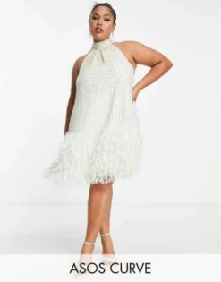 ASOS EDITION Curve - Vestito Corto Allacciato Al Collo Verde Salvia Con Fondo In Piume Sintetiche