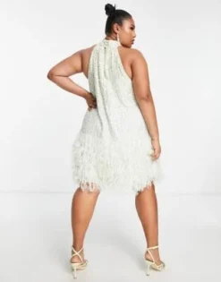 ASOS EDITION Curve - Vestito Corto Allacciato Al Collo Verde Salvia Con Fondo In Piume Sintetiche -Vendite ASOS Maternity || RIVER ISLAND || Monki 201991645 4