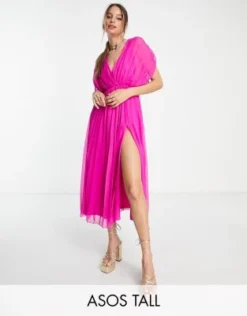 ASOS DESIGN Tall - Vestito Midi A Portafoglio Color Magenta A Pieghe