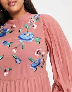 ASOS DESIGN Curve - Vestito Skater Midi Accollato A Maniche Lunghe Rosa Tè Con Pieghe E Ricamo -Vendite ASOS Maternity || RIVER ISLAND || Monki 202079968 4
