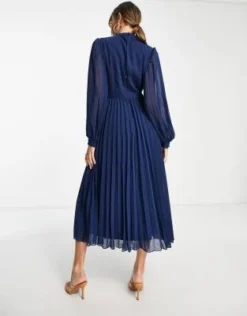 ASOS DESIGN Tall - Vestito Skater Midi Accollato A Maniche Lunghe Blu Navy Con Pieghe E Ricamo -Vendite ASOS Maternity || RIVER ISLAND || Monki 202080191 2