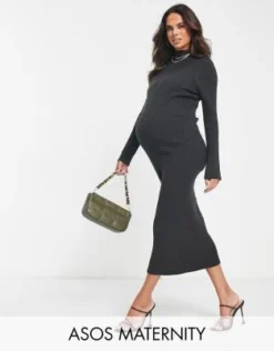 ASOS Maternity ASOS DESIGN Maternity - Vestito Midi Accollato In Maglia Grigio