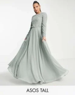 ASOS DESIGN Tall - Vestito Lungo Da Damigella A Maniche Lunghe Verde Oliva Con Perle E Perline Decorative