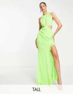 ASOS DESIGN Tall - Vestito Lungo Verde Acceso Allacciato Al Collo Con Taglio Sbieco E Volant