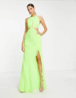 ASOS DESIGN Tall - Vestito Lungo Verde Acceso Allacciato Al Collo Con Taglio Sbieco E Volant -Vendite ASOS Maternity || RIVER ISLAND || Monki 202140368 4