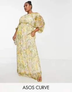 ASOS DESIGN Curve - Vestito Lungo Con Spalle Scoperte E Maniche A Campana A Righe Con Stampa Di Fiori Di Campo