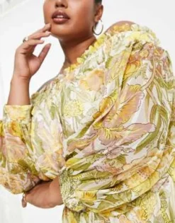 ASOS DESIGN Curve - Vestito Lungo Con Spalle Scoperte E Maniche A Campana A Righe Con Stampa Di Fiori Di Campo -Vendite ASOS Maternity || RIVER ISLAND || Monki 202234819 3