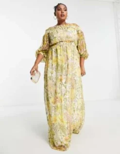 ASOS DESIGN Curve - Vestito Lungo Con Spalle Scoperte E Maniche A Campana A Righe Con Stampa Di Fiori Di Campo -Vendite ASOS Maternity || RIVER ISLAND || Monki 202234819 4