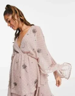 ASOS Maternity ASOS DESIGN Maternity - Vestito Corto In Plumetis A Balze Rosa Cipria Con Decorazioni Lineari A Fiori -Vendite ASOS Maternity || RIVER ISLAND || Monki 202241464 4