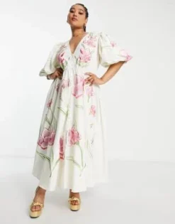 ASOS Edition Curve - Vestito Midi Color Crema Con Vivace Ricamo A Fiori E Bottoni -Vendite ASOS Maternity || RIVER ISLAND || Monki 202245703 2