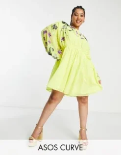 ASOS Edition Curve - Vestito Corto Con Maniche A Campana E Corpetto Ricamato Giallo