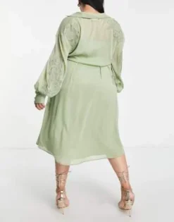 ASOS DESIGN Curve - Vestito Midi Color Salvia Con Ricamo A Fiori, Inserto In Pizzo E Laccio In Raso -Vendite ASOS Maternity || RIVER ISLAND || Monki 202315280 2