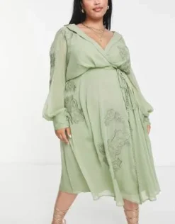 ASOS DESIGN Curve - Vestito Midi Color Salvia Con Ricamo A Fiori, Inserto In Pizzo E Laccio In Raso -Vendite ASOS Maternity || RIVER ISLAND || Monki 202315280 4