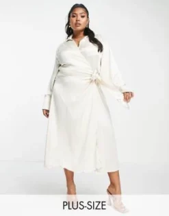 Pretty Lavish Curve - Ronnie - Vestito Midi A Portafoglio In Raso Color Ostrica