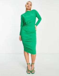 AX Paris - Vestito Midi Fasciante Verde Acceso Con Scollo A Barchetta