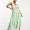 ASOS DESIGN Petite - Vestito Midi A Pieghe Con Inserti In Pizzo Verde Salvia