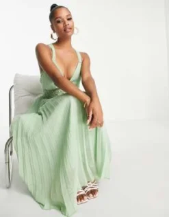 ASOS DESIGN Petite - Vestito Midi A Pieghe Con Inserti In Pizzo Verde Salvia -Vendite ASOS Maternity || RIVER ISLAND || Monki 202341141 4