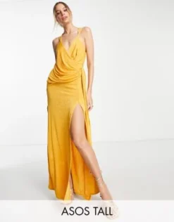 ASOS DESIGN Tall - Vestito Lungo A Portafoglio Drappeggiato Color Zafferano